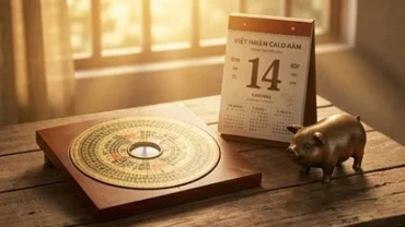 La bàn phong thủy và cuốn lịch vạn niên mốc thời gian tuổi hợi tam tai năm nào đặt trên mặt bàn gỗ