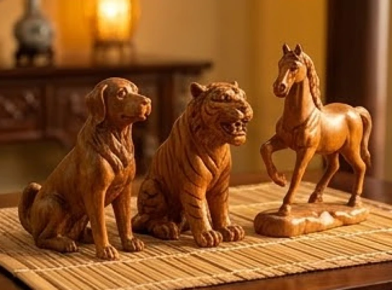 Tuổi Bính Tuất 1946: Bản mệnh, phong thủy an dưỡng & sức khỏe 4 Tượng gỗ điêu khắc linh vật chó, hổ và ngựa đặt cạnh nhau trên kệ trang trí phòng khách