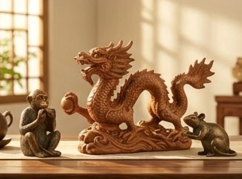 Bức tượng rồng điêu khắc thủ công đặt cùng tượng khỉ và tượng chuột bằng đồng tạo thành bộ tam hợp phong thủy
