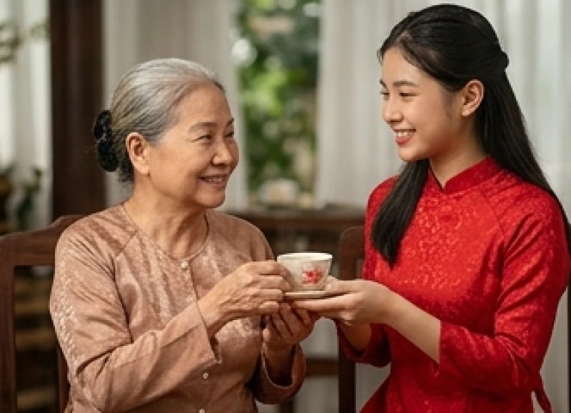 Tử vi trọn đời tuổi Quý Mùi 1943 nữ mạng: Diễn biến các mốc tuổi 9 Cụ bà mỉm cười nhận tách trà sen nóng hổi từ cô cháu gái tuổi thiếu niên mặc áo gấm đỏ trong ngày lễ tụ họp