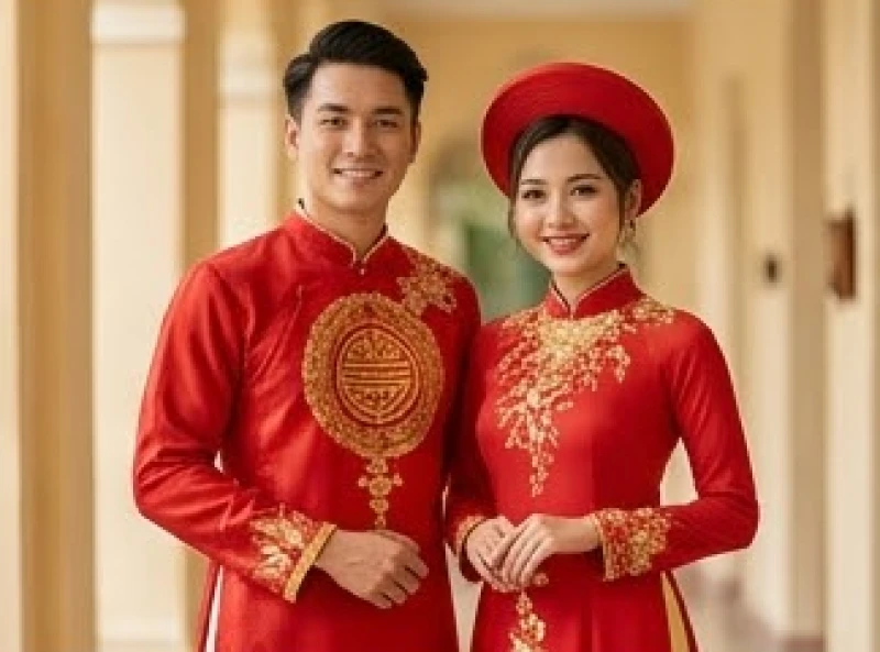 Cặp đôi mặc áo dài cưới truyền thống Việt Nam tươi cười hạnh phúc