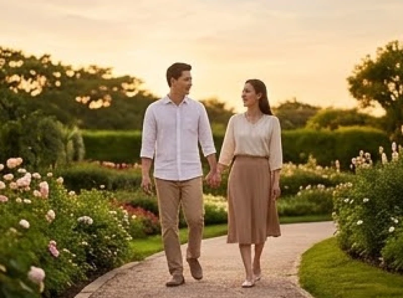 Cặp đôi nắm tay nhau bước đi trong ánh hoàng hôn ấm áp và lãng mạn