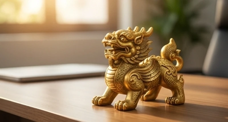Bức tượng Tỳ Hưu phong thủy mạ vàng đặt trên bàn làm việc hỗ trợ hóa giải xung khắc và thu hút sinh khí