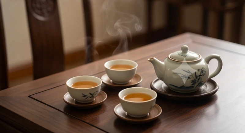 Bộ ấm trà gốm sứ tinh tế đặt trên bàn gỗ tượng trưng cho sự giao kết và hợp tác làm ăn thuận lợi
