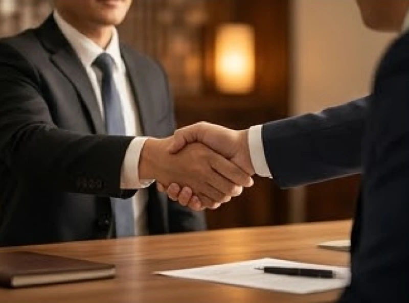 Hai đối tác nam đang bắt tay hợp tác trước một bản hợp đồng kinh doanh