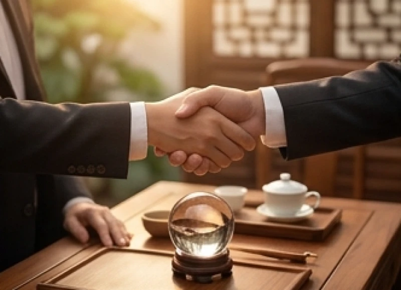 Hai bàn tay bắt tay nhau qua bàn trà gỗ có quả cầu phong thủy thể hiện sự hợp tác thuận lợi