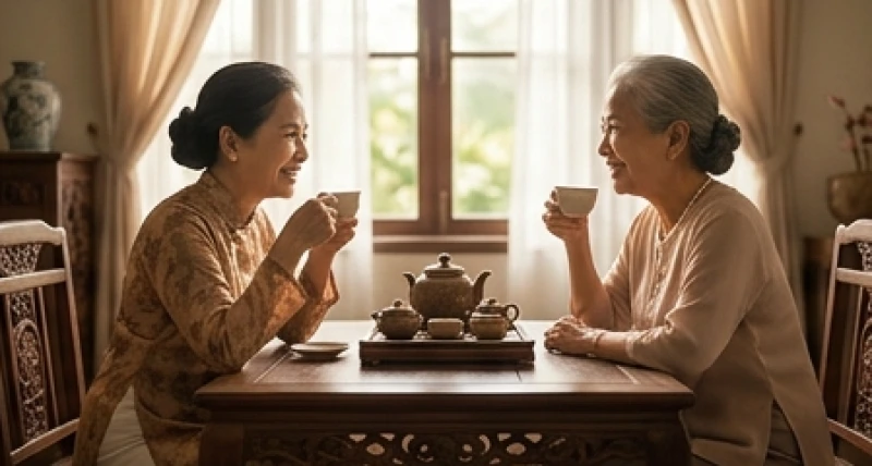 Hai người phụ nữ lớn tuổi đang uống trà và trò chuyện vui vẻ bên chiếc bàn gỗ
