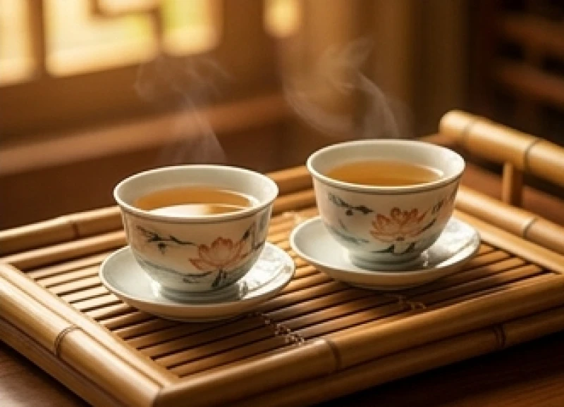 Hai tách trà sứ tinh tế đặt cạnh nhau trên khay tre đại diện cho sự hợp tác làm ăn thuận lợi