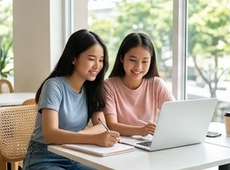 Hai học sinh nữ cùng nhau thảo luận bài tập nhóm với tinh thần hợp tác vui vẻ và năng lượng tích cực