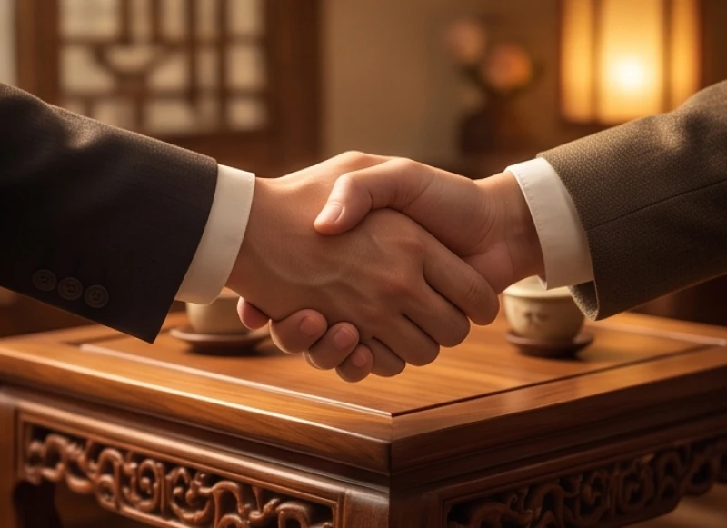 Cái bắt tay hợp tác kinh doanh trên bàn trà gỗ chạm khắc thể hiện sự đồng lòng phát triển