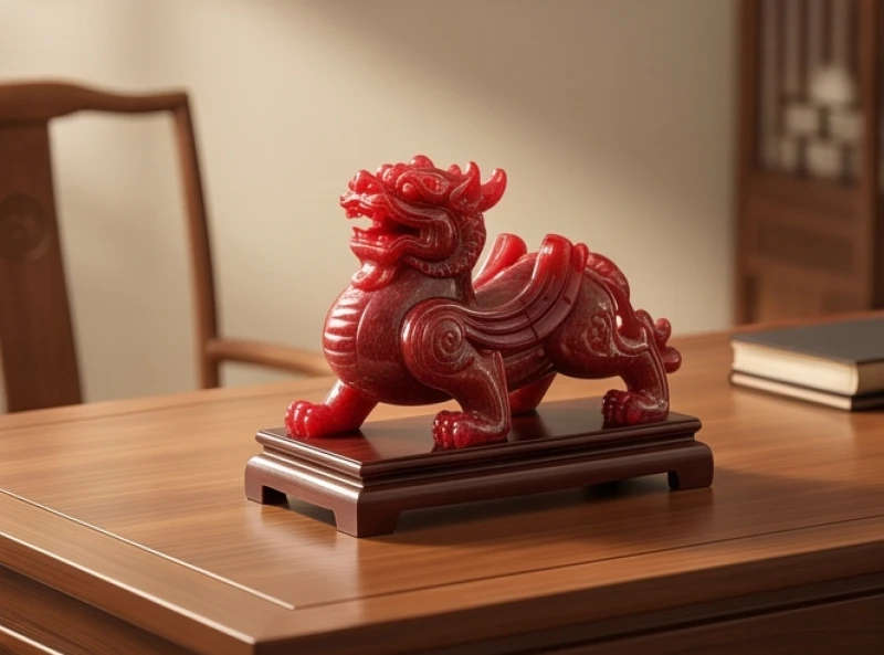Tượng tỳ hưu đá ruby đỏ thẫm đặt trên bàn làm việc tượng trưng cho đối tác làm ăn hòa hợp, vượng tài