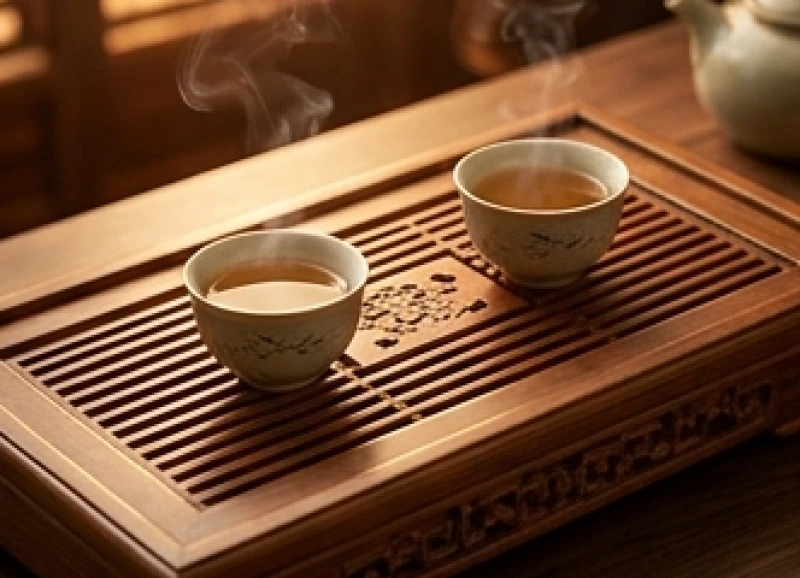 Hai tách trà đạo gốm sứ đặt cân xứng trên chiếc khay gỗ chạm trổ thể hiện sự hòa hợp trong quan hệ đối tác