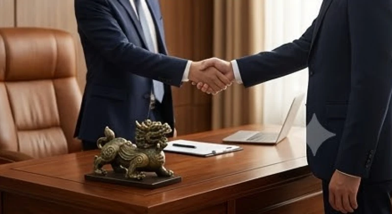 Hai bàn tay bắt tay nhau phía trên bàn làm việc có đặt tượng linh vật tỳ hưu chiêu tài