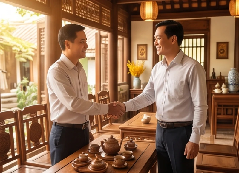 Hai người đàn ông bắt tay hợp tác kinh doanh thể hiện sự tương sinh trong làm ăn