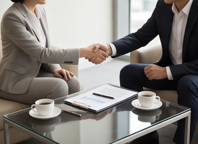 Hai đối tác kinh doanh đang bắt tay thỏa thuận công việc tại một không gian cà phê sang trọng