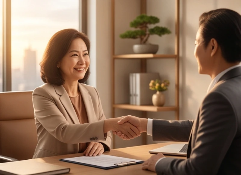 Hai đối tác đang mỉm cười bắt tay ký kết hợp đồng trong một không gian làm việc sang trọng