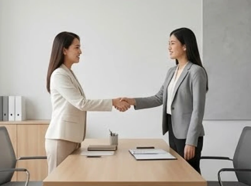 Hai nữ doanh nhân đang bắt tay hợp tác vui vẻ trong một không gian làm việc hiện đại và thanh lịch