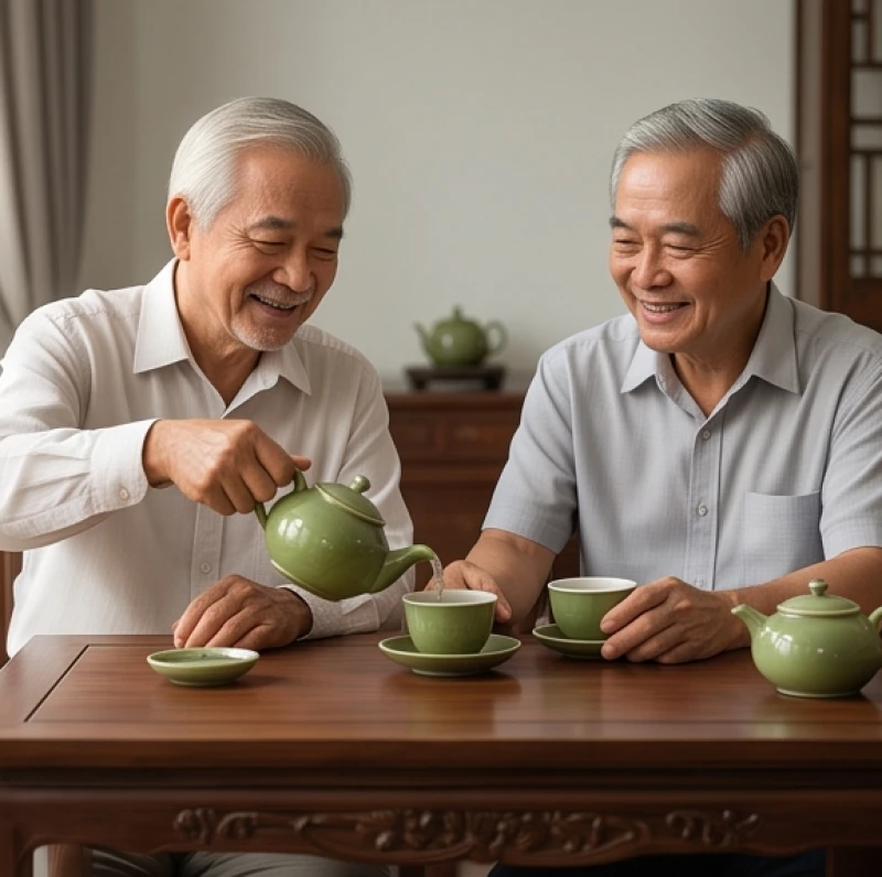 Tử vi tuổi Đinh Mùi 1967 năm 2027: Cách cúng sao và mượn tuổi 3 Hai người đàn ông lớn tuổi vui vẻ thưởng trà và bàn bạc công việc kinh doanh