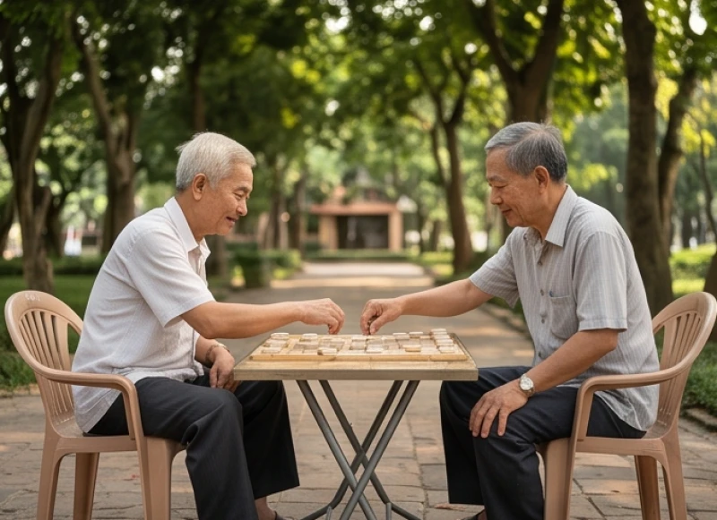 Hai cụ ông ngồi đánh cờ tướng và trò chuyện vui vẻ dưới bóng cây xanh mát