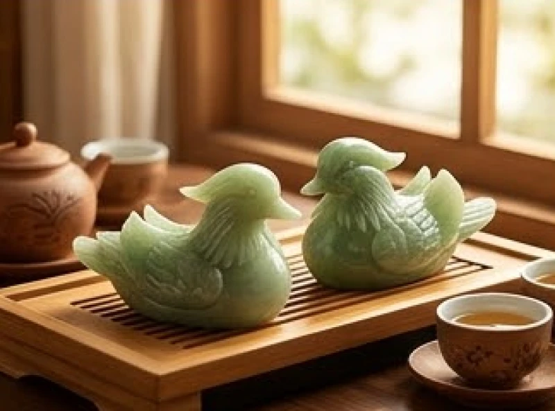 Đôi chim uyên ương bằng ngọc và tách trà gốm tượng trưng cho sự hòa hợp