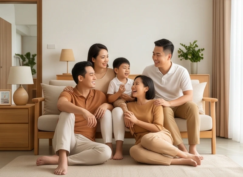 Gia đình nhiều thế hệ quây quần vui vẻ trong không gian sinh hoạt chung ấm cúng