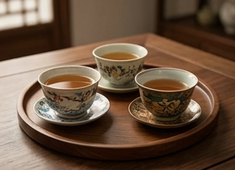 Ba chén trà xếp thành hình tam giác biểu tượng cho sự gắn kết của quý nhân Tam hợp và Nhị hợp