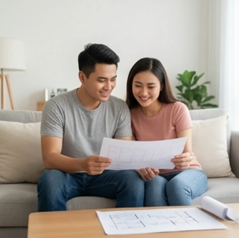 Tình duyên tuổi Thìn năm 2027: Chi tiết hỷ sự và phong thủy 4 Hai vợ chồng trẻ đang cùng nhau xem bản vẽ thiết kế ngôi nhà mới trong niềm vui sướng