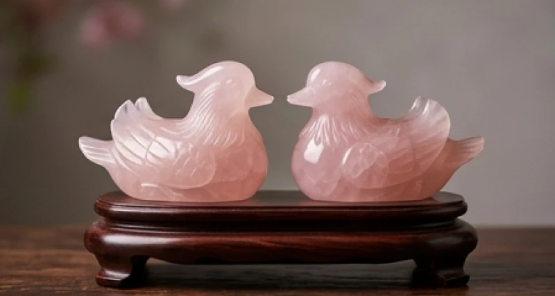 Đôi uyên ương bằng ngọc thạch anh hồng tượng trưng cho đời sống hôn nhân viên mãn và gia đạo êm ấm