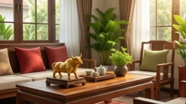 Bố trí phong thủy phòng khách ấm cúng cho gia chủ tuổi Kỷ Sửu 1949 với các vật phẩm chiêu tài và cây xanh