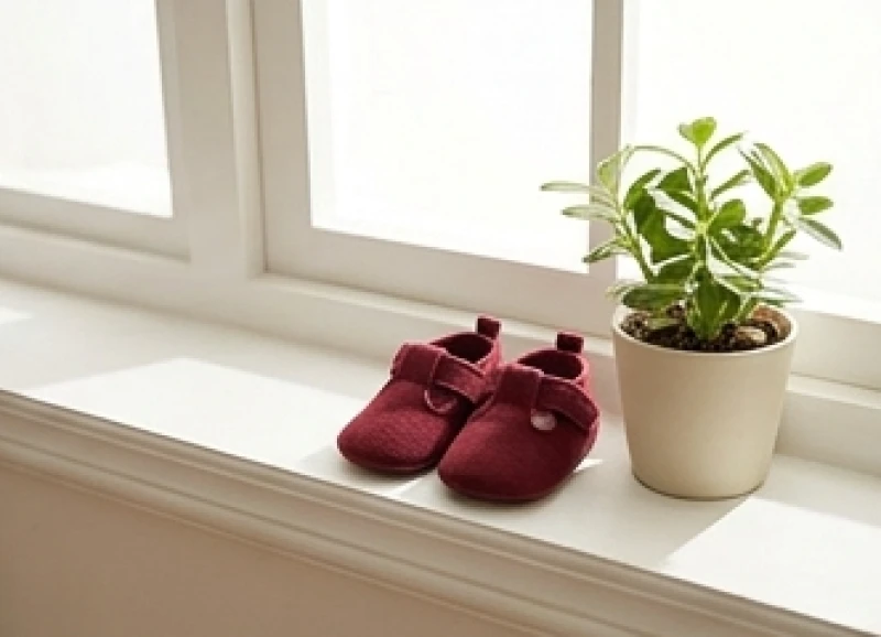 Tuổi Sửu hợp sinh con tuổi gì: Ma trận phối tuổi & hóa giải 6 Đôi giày trẻ em nhỏ xinh màu đỏ đậm đặt cạnh chậu cây xanh nhỏ trên bệ cửa sổ ngập nắng