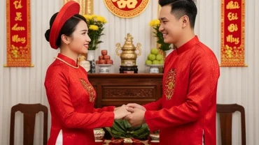 Cô dâu chú rể rạng rỡ trong lễ gia tiên, minh chứng cho việc tính toán tuổi mão cưới ngày nào tốt để vạn sự hanh thông