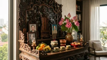 Mẫu không gian thờ cúng trang nghiêm dành cho người đang tìm hiểu tuổi mão đặt bàn thờ hướng nào thu hút tài lộc
