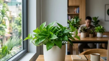 Chậu cây cảnh phong thủy hợp tuổi Mão đặt trên bàn làm việc trong văn phòng