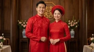 Cặp đôi mặc áo dài truyền thống, tượng trưng cho việc tìm hiểu tuổi mão hợp kết hôn với tuổi nào để viên mãn.