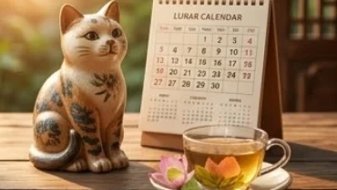 Cuốn lịch vạn sự và tượng mèo gốm đặt trên bàn trà gỗ giúp cha mẹ tìm hiểu tuổi mão hợp sinh con tuổi gì.