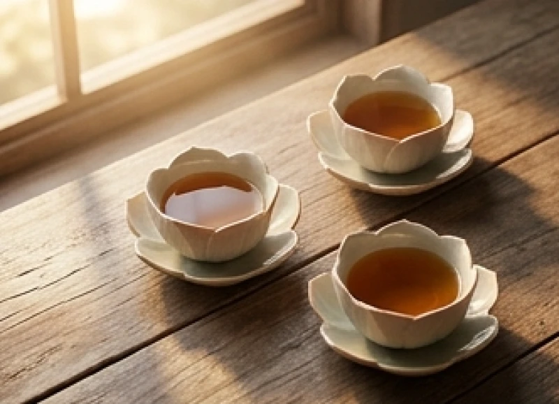 Hai tách trà sen ấm cúng trên bàn gỗ tượng trưng cho sự hợp tác ăn ý giữa tuổi Mão và tuổi Tuất