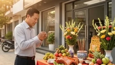 Mâm cúng trang trọng của gia chủ đang xem tuổi mão khai trương ngày nào tốt để thu hút tài lộc đầu năm