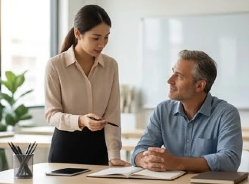 Tuổi Mão hợp nghề gì: Đối chiếu chuẩn năm sinh và giới tính 2 Giáo viên tuổi Mão đang kiên nhẫn giảng giải kiến thức cho học viên trong không gian học tập hiện đại