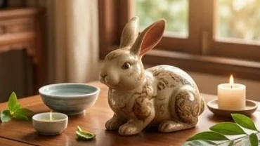 Tượng linh vật thỏ gốm sứ tinh xảo kết hợp cùng các vật phẩm đại diện ngũ hành giúp giải đáp tuổi Mão mệnh gì.
