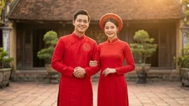 Cô dâu và chú rể trong trang phục áo dài đỏ truyền thống, giải đáp tuổi mão nên cưới vào năm nào để gia đạo bình an