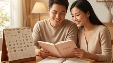 Hai vợ chồng trẻ đang xem lịch vạn niên để tìm hiểu tuổi mão sinh con tháng nào tốt