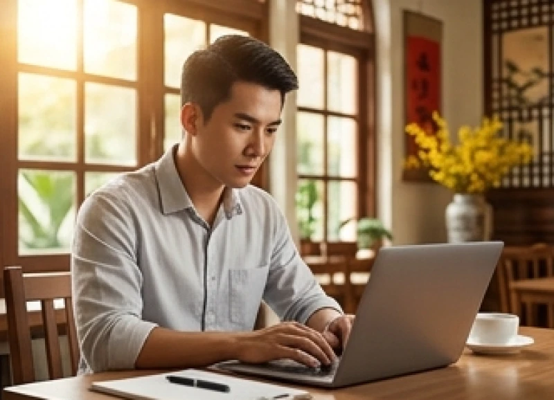 Chàng trai trẻ tập trung nghiên cứu tài liệu qua màn hình máy tính trong những chuyến công tác xa