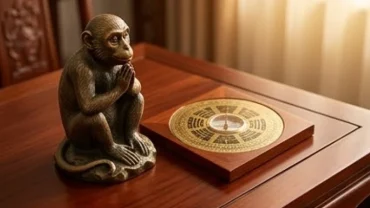 La bàn phong thủy và tượng khỉ bằng đồng đặt trên mặt bàn gỗ đại diện cho tuổi mậu thân 1968