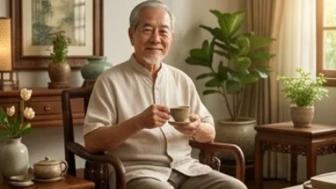 Người lớn tuổi sinh năm Mậu Tý 1948 thư thái uống trà trong không gian phòng khách ấm cúng mang đậm nét phong thủy