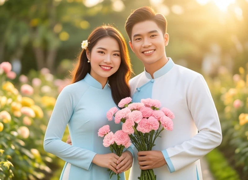 Đôi bạn trẻ rạng ngời chụp ảnh lưu niệm cùng bó hoa cẩm chướng trong trang phục áo dài cặp đôi màu pastel