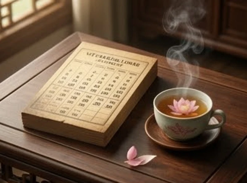 Cuốn lịch vạn niên truyền thống kết hợp cùng ấm trà sen gợi nhắc đến việc tra cứu tuổi mụ âm lịch hằng năm