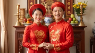 Cô dâu chú rể mặc áo dài đỏ truyền thống trong lễ gia tiên khi xem tuổi mùi cưới ngày nào tốt đại cát