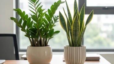 Không gian làm việc hiện đại với chậu cây lưỡi hổ và kim tiền xanh tốt giúp giải đáp tuổi mùi hợp cây gì