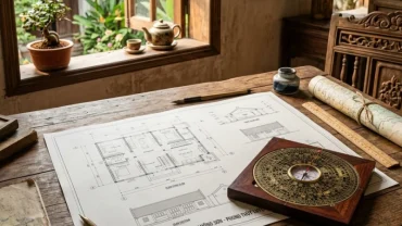 Bản vẽ kiến trúc và la bàn phong thủy giúp xác định người tuổi mùi hợp hướng nào khi xây nhà