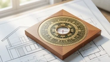 La bàn phong thủy đặt trên bản vẽ thiết kế kiến trúc nhà ở giúp xác định tuổi Mùi hợp hướng nào